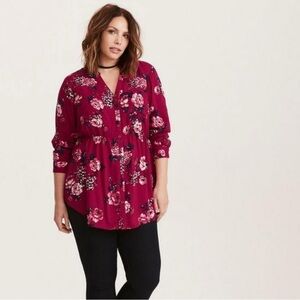 Torrid Floral Button-Up Blouse - Burgundy 1X